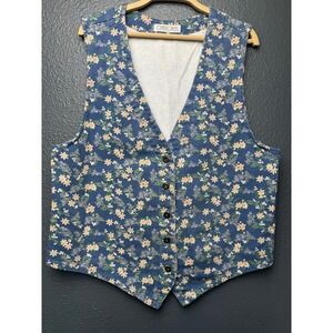 Vintage Cherokee Floral Button Front Denim Vest Blue Cottagecore Prairie L
